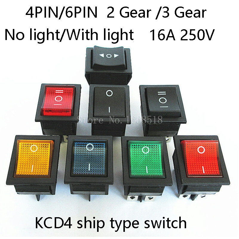 Kcd4ロッカー電源ボタンスイッチ、出荷タイプスイッチ、4ピン、6ピン、2ギア、ライト付き3ギア、16a250v