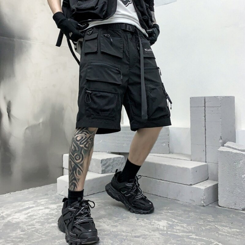 2024 Summer New Men Multi-pocket Streamer Design Tactical Cargo Shorts Y2K High Street Techwear Cropped Pants pantalones cortos