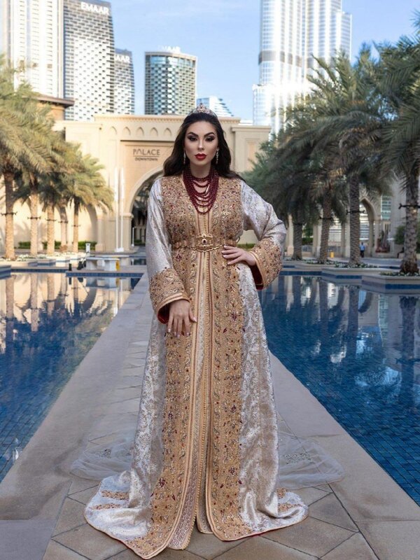 Luxo frisado A-Line Vestidos De Noite, Takshita marroquino, Decote em V com cinto, Kaftan nupcial, Vestido De Cristais