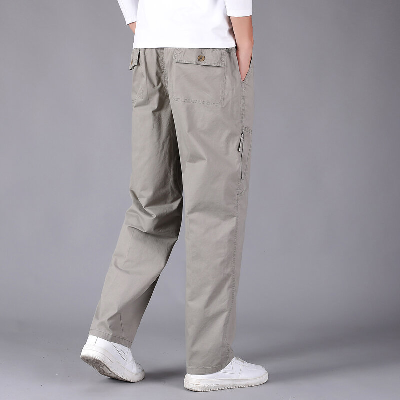 Męskie spodnie Cargo Oversized luźny krój na zamek błyskawiczny z kieszeniami spodnie wojskowe taktyczny sznurek prosty luźne spodnie Plus Size