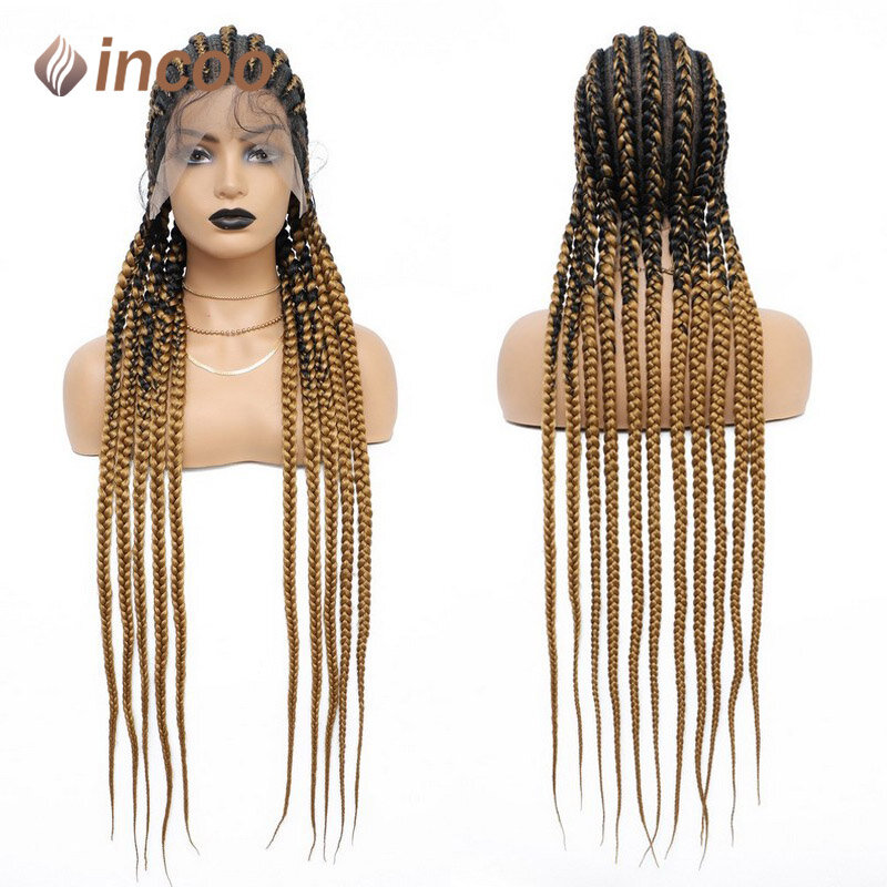 36 Inch Synthetic Full Lace Frontal Wig Black Mix Blonde Colored Cornrow Braids Wigs With Baby Hair Braided Wigs For Black Women