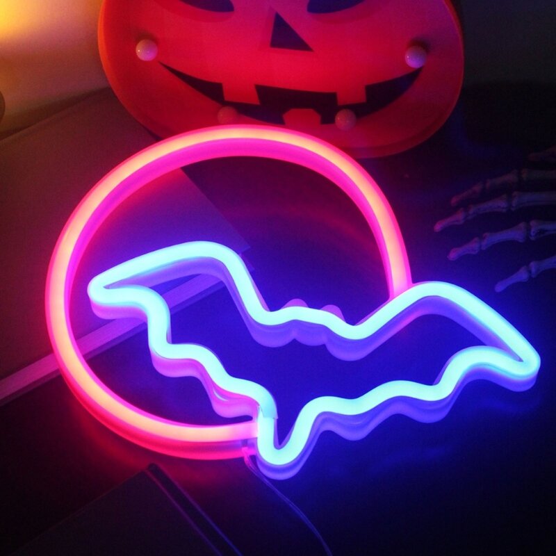 할로윈 박쥐 달 네온 불빛 LED 사인 램프 할로윈 장식 야간 조명 축제 파티 룸 숍 어린이 선물