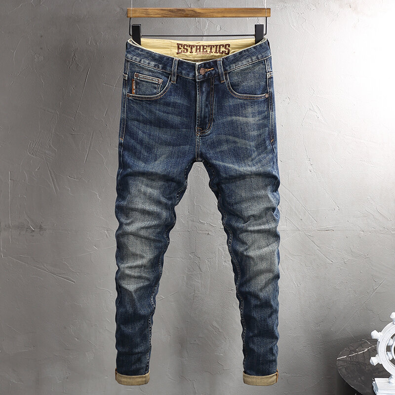 Модные Винтажные мужские джинсы высокого качества ретро потертые синие эластичные Стрейчевые облегающие рваные джинсы мужские повседневные дизайнерские Джинсовые брюки