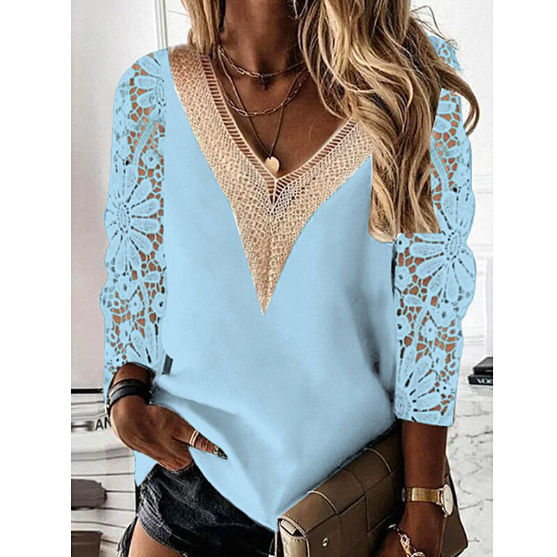 Fashion Hollow Lace Shirts Women Autumn Winter Elegant Office Lady Blouse Tops V-Neck Lace Sleeve Chiffon Pullover White Blouses