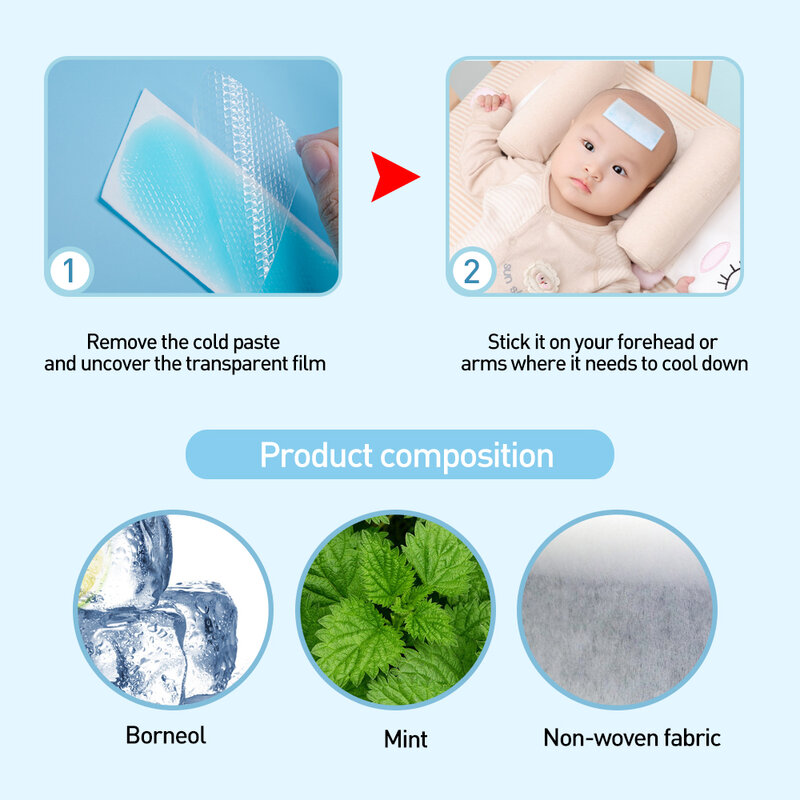 Febre do bebê Down Cooling Patch, baixa temperatura, Ice Gel Pads, aliviar a dor de cabeça, frio, cuidados insolação, gesso médico, venda quente, 10pcs