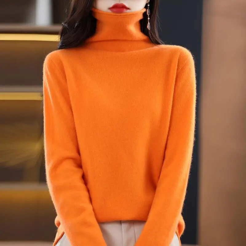 Sweater Pullover wanita, Turtleneck elegan untuk musim gugur musim dingin, atasan rajut Dalaman ramping kasual lengan panjang, Sweater tarik Femme