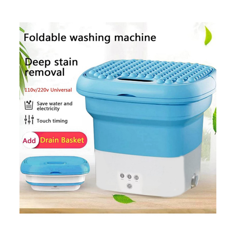 Mini machine à laver pliante bleue, avec petit panier de vidange pliable, prise US