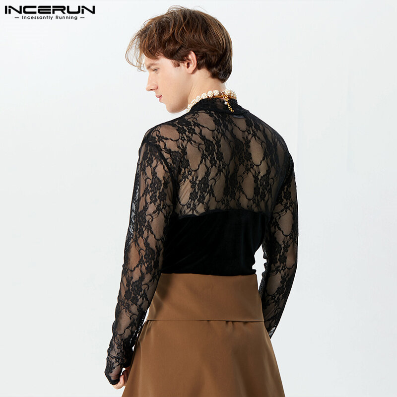 Pakaian rumah pria seksi jumpsuit desain bulu sambungan renda jumpsuit INCERUN 2024 mode setengah leher tinggi segitiga bodysuit lengan panjang S-3XL