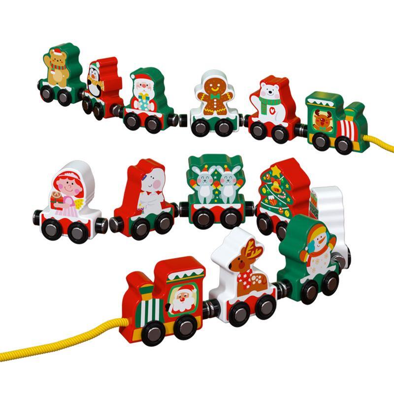 ชุดรถไฟไม้ชุดของเล่นเพื่อการศึกษาชุดรถไฟต้นคริสต์มาสตกแต่งคริสต์มาส3D ลายคริสต์มาส