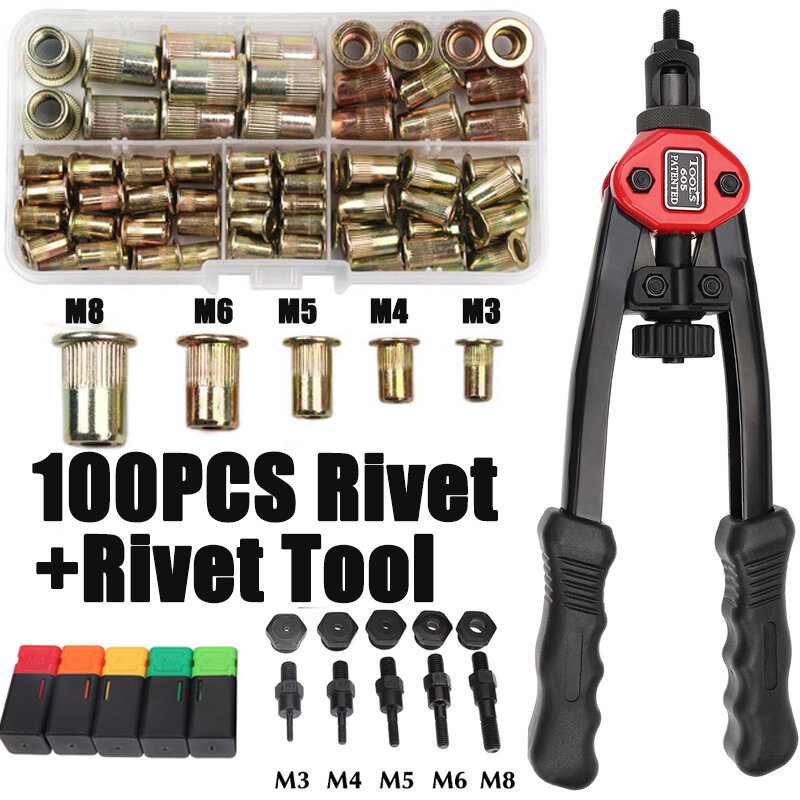 100Pcs Rivet Nut + เกลียว Rivet ถั่วปืน BT606 M3 M4 M5 M6 M8คู่ใส่ด้วยตนเอง Riveter ปืนโลดโผน Rivnut Rivet เครื่องมือ