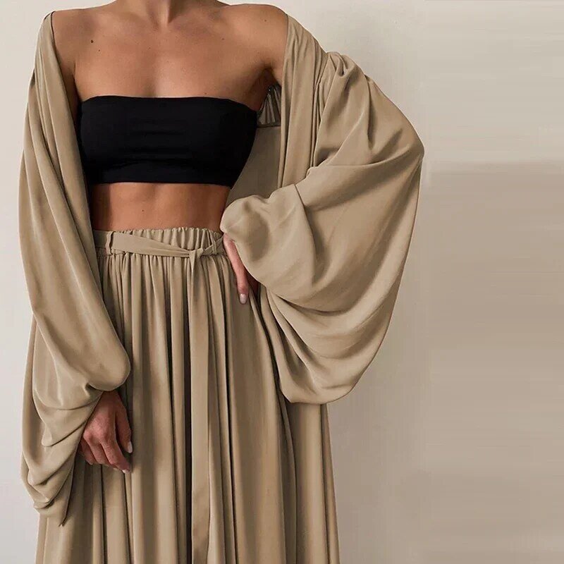 Three-piece Set Fashion Cardigan Wrap Tops and High Waist Pants Suit Simple Women's Casual Women's Soft Spring Style Material