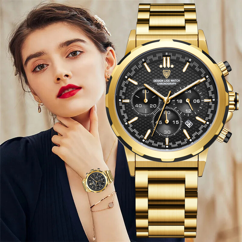 Lige นาฬิกาผู้หญิงสร้อยข้อมือเหล็กสุดสร้างสรรค์นาฬิกาข้อมือสตรีกันน้ำแฟชั่นสปอร์ตโครโนกราฟควอตซ์ reloj Para mujer + กล่อง
