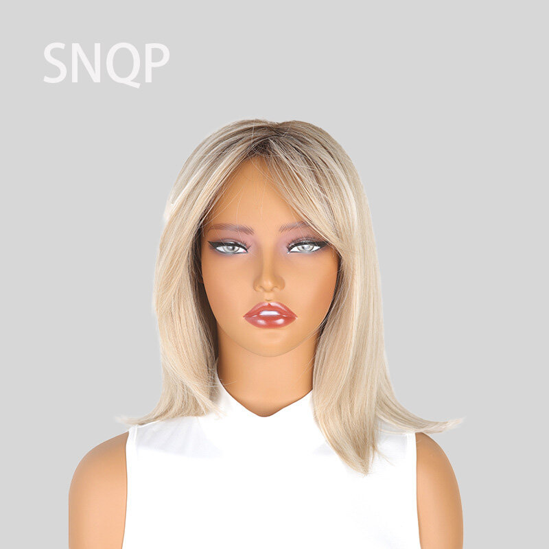 SNQP Wig rambut lurus pendek 39cm Wig pirang Parted tengah rambut Wig gaya baru untuk wanita pesta Cosplay harian tahan panas alami