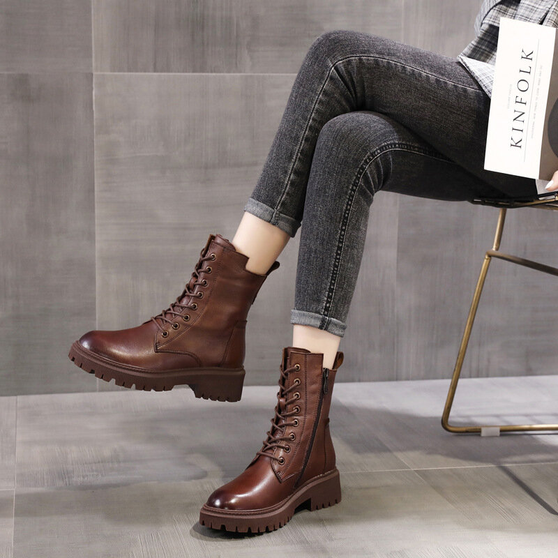 Новинка Осень-зима 2021, ботинки мартинсы, женские кожаные ботинки на толстой подошве, универсальные короткие ботинки в британском стиле