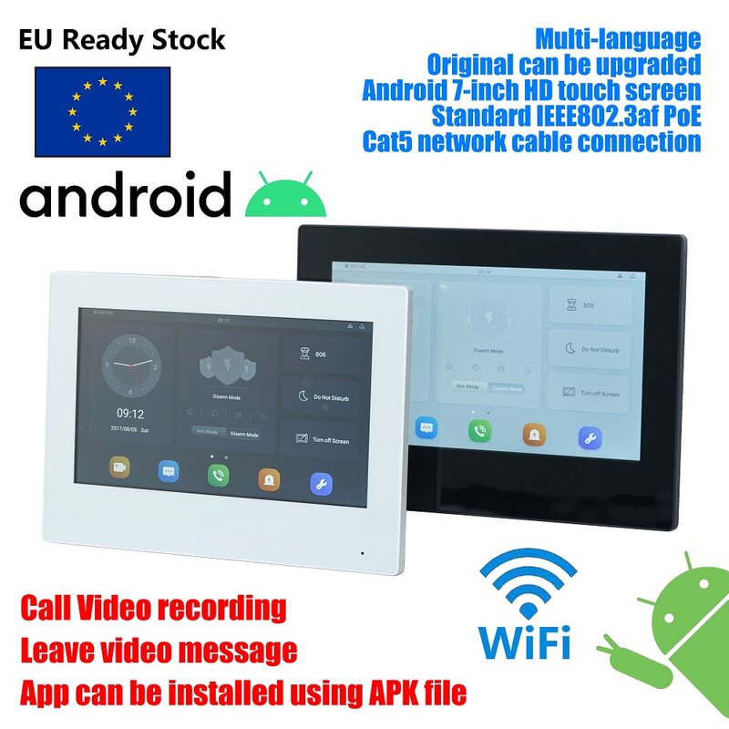 Цифровой внутренний монитор, 7-дюймовый монитор, домофон, проводной дверной звонок, 802.3af PoE, Android