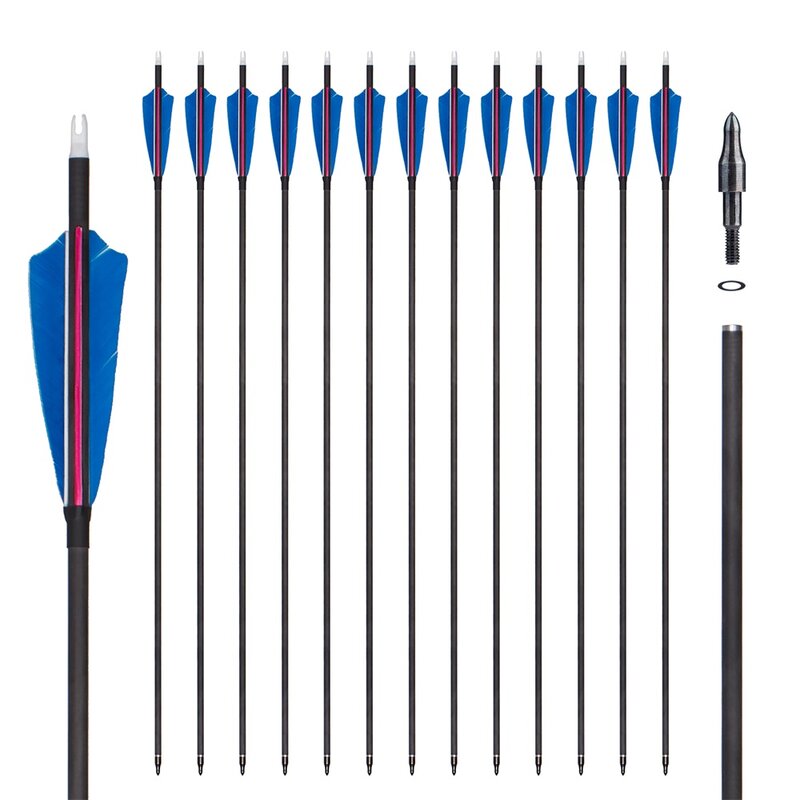 6/12pcs Achery 4" Real Turkey Feather Pure Carbon Arrows 32 inch Spine 350 for Traditional Longbow & Recurve Bow Hunting