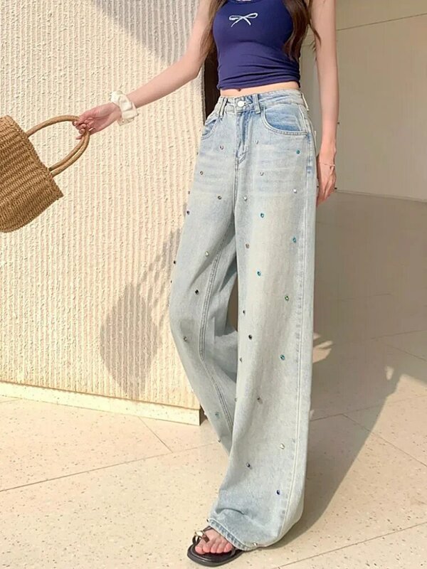 Calça jeans feminina com diamantes azuis largos, calça jeans estética Harajuku, calça larga larga larga larga Y2K, roupas trashy vintage, anos 2000, 2024