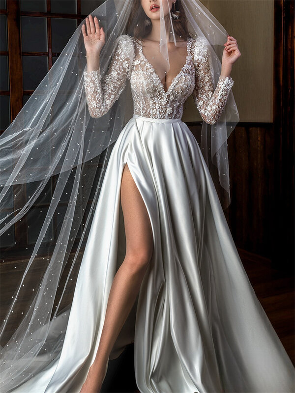 Elegante vestido de noiva profundo com decote em v, vestido de casamento de manga comprida, linha A clássica, até o chão, charmoso, 2022