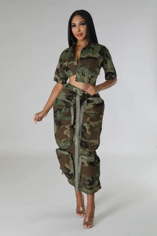 Falda larga elástica de cintura alta para mujer, ropa de calle informal con múltiples bolsillos 3D y cremallera, estilo Cargo de camuflaje, a la moda