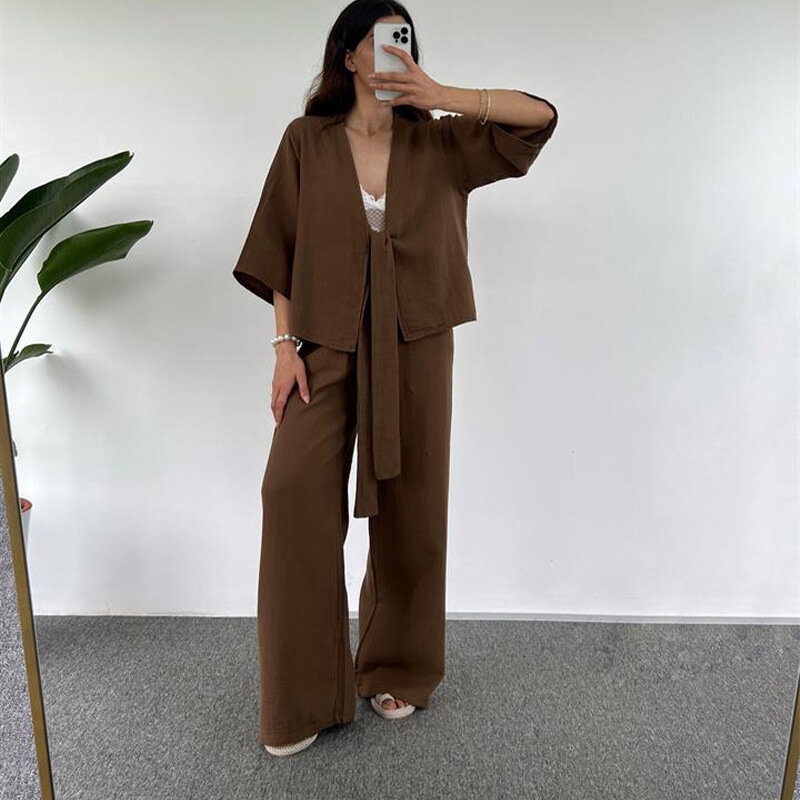 Women Pant Sets Tracksuit Cardigan Tops Solid Wide Leg Pants Ankle Length Pockets Casual Two Pieces Loose Three Quarter