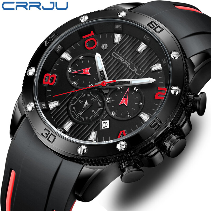 CRRJU นาฬิกาผู้ชายแฟชั่นกีฬากลางแจ้งแบบลำลองกันน้ำ Chronograph ควอตซ์นาฬิกาส่องสว่าง + กล่อง Relógios Masculino