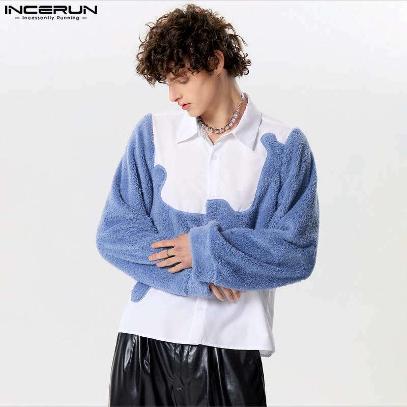INCERUN koszula męska pluszowa patchworkowa klapa długa guzik na rękawie casualowa męska odzież Streetwear 2024 moda rekreacyjna S-5XL