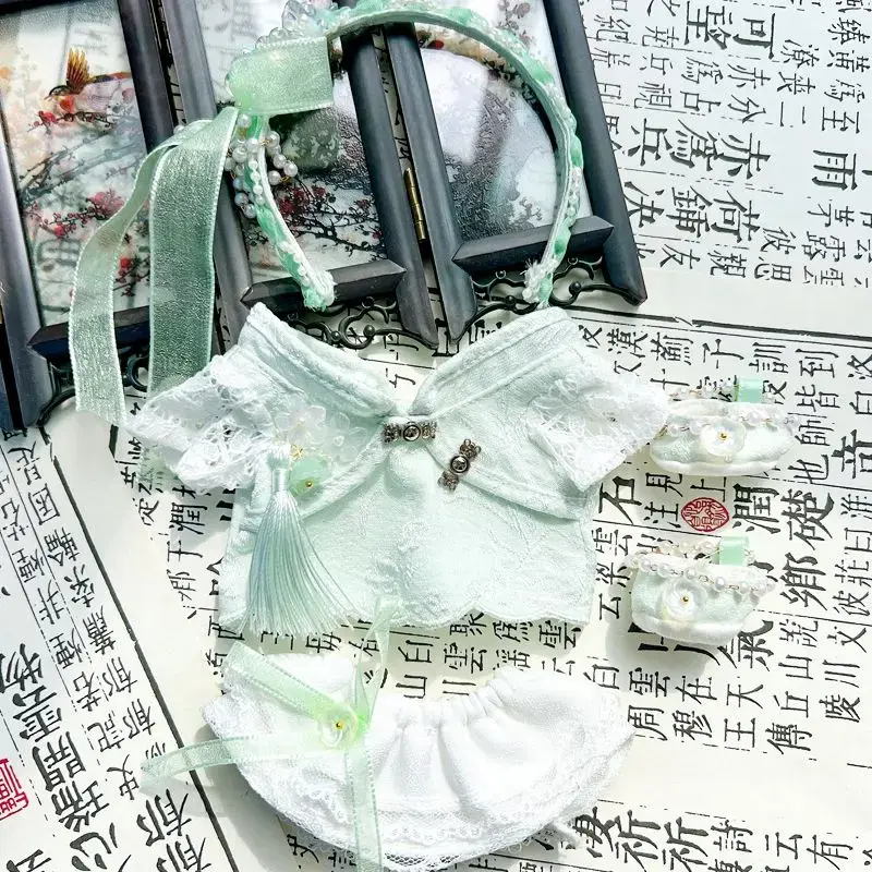 Cheongsam Hanfu Headwear traje chinês, chá branco, menina doce, terno estilo antigo, roupa de algodão de pelúcia 20cm, presente