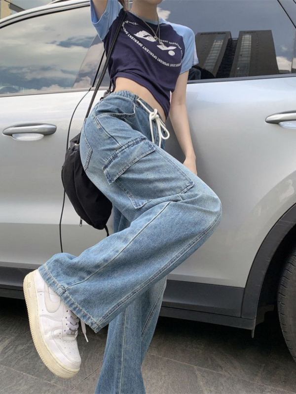 HOUZHOU Harajuku Y2K Celana Jeans Longgar Serut Wanita Longgar Celana Kargo Streetwear Kpop Wanita Celana Panjang Saku Antik Korea