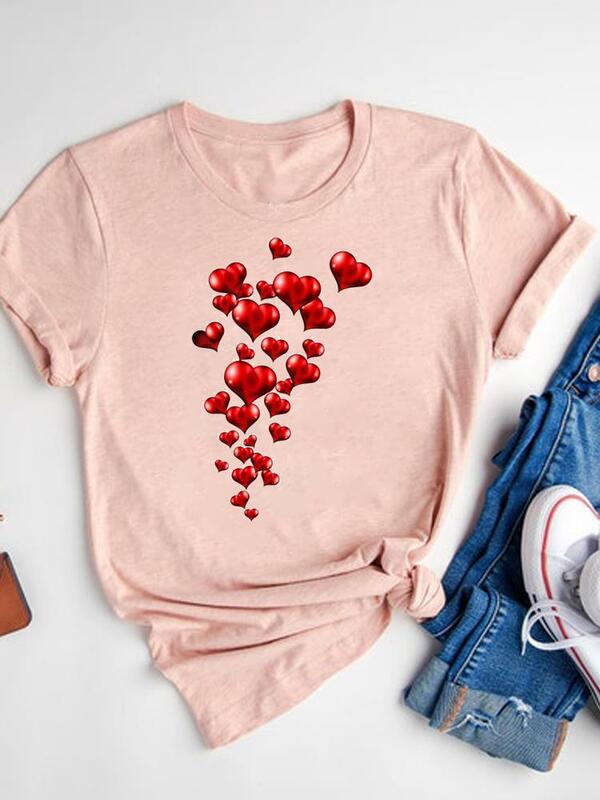 Camiseta feminina com estampa amor coração, camiseta manga curta, roupa básica, top verão, moda doce, roupas gráficas