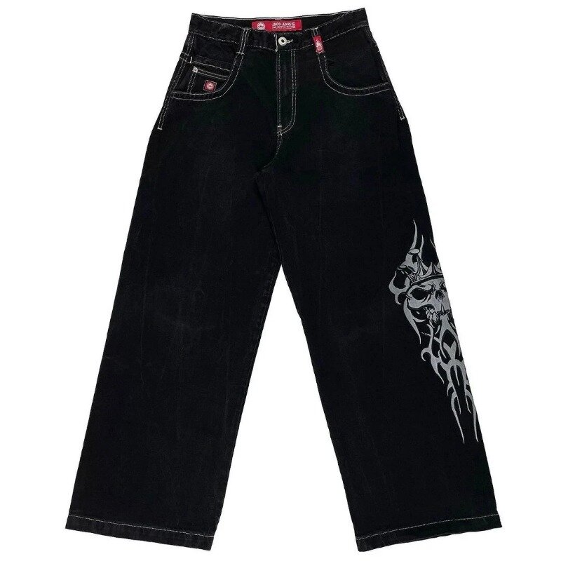 Y2k celana jins ukuran besar untuk pria wanita, celana panjang kaki lebar lurus motif tengkorak Retro merek trendi jalanan, celana panjang kasual Punk Gotik untuk pria dan wanita