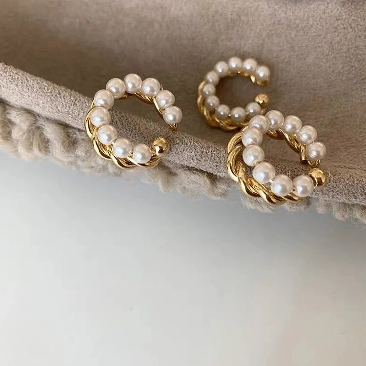 Новые корейские золотистые двойные круглые витые жемчужные ушные манжеты винтажные геометрические круглые серьги поддельные пирсинг Искусственные серьги