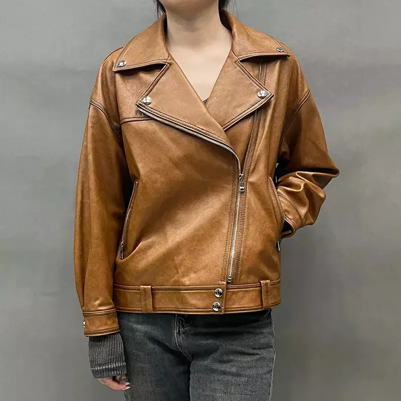 Real Sheepskin Leather Jacket Vegetable Tanned Skin Leather Coat Fashion Motorcycle Streetwear Outerwear