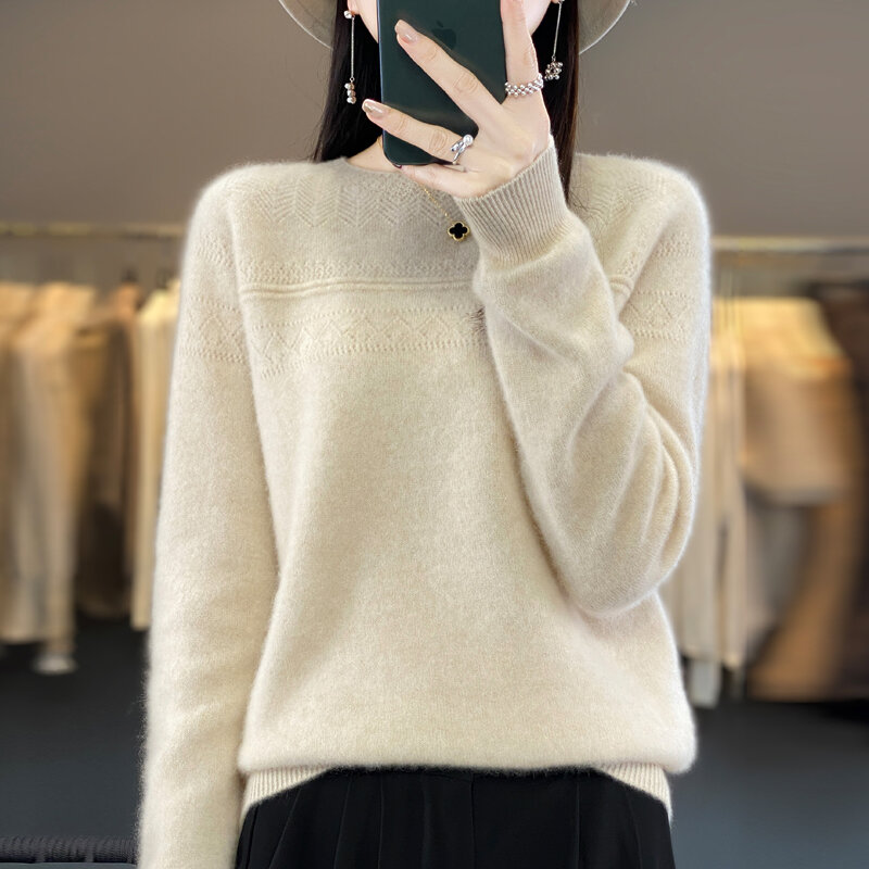 Suéter feminino com gola redonda, 100% puro, solto e fino, fundo de malha, primeira linha, pronto-a-vestir, explosão