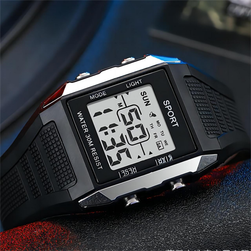 YIKAZE jam tangan pria Blok, arloji elektronik layar LED tahan air bercahaya konograf Digital untuk lelaki