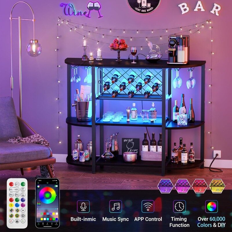 Unikito 4-Tier Metal Coffee Bar Cabinet with Outlet and LED Light, Freestanding Floor Bar Table for Liquor with Glass Holder