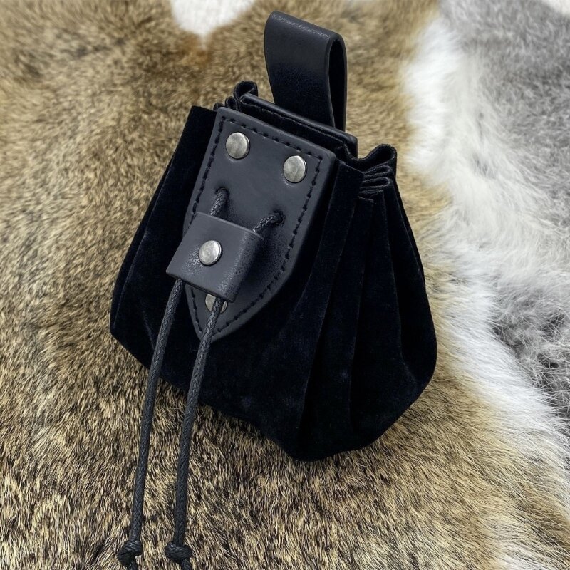 Medieval Belt Leather Drawstring Bag Portable Purse Vintage Costume Waist Bag for Fantasy Event, Cosplay Party
