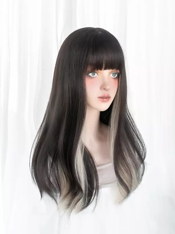 24Inch Black Highlight Blonde Color Synthetic Wigs With Bang Long Natural Straight Hair Wig For Women Daily Use Heat Resistant
