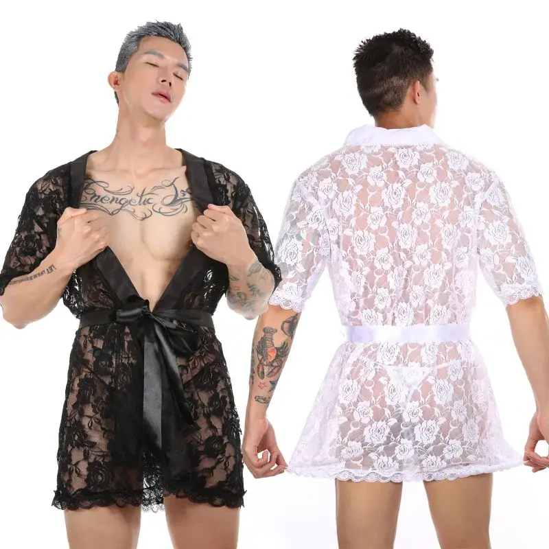 Camisón de encaje Sexy para hombre Gay, ropa de casa transparente, vestido cruzado Floral, albornoces, ropa de dormir erótica