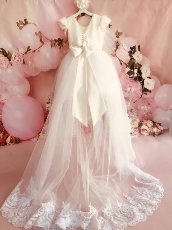 Blumen mädchen Kleider weißen Tüll geschwollene Spitze Applikationen High-Low Rock Schleife ärmel los für Hochzeit Geburtstag Bankett Prinzessin Kleider