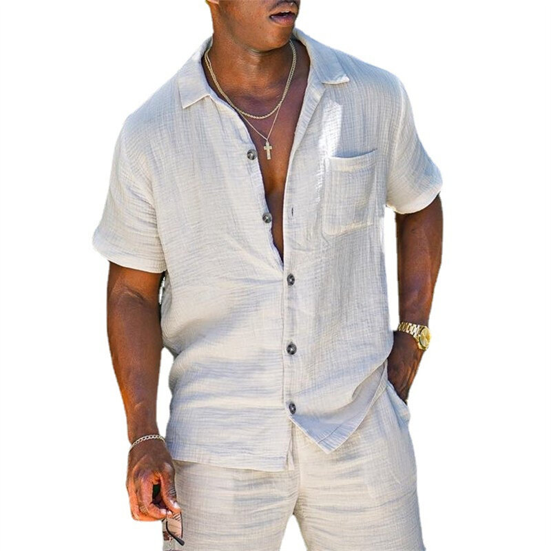 Men's 2 Piece Cotton Linen Shorts Set Short Sleeve Turn Down Collar Shirt and Shorts Suit Summer Beachwear Solid Men Outfits