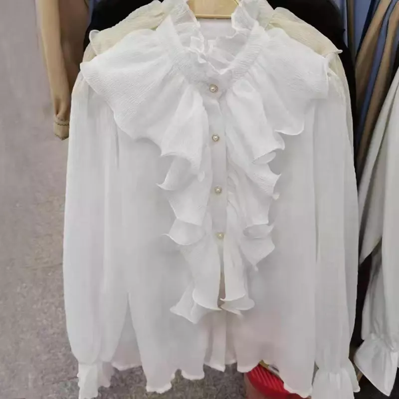 Женская шифоновая блуза с рюшами, длинным рукавом и воротником-стойкой