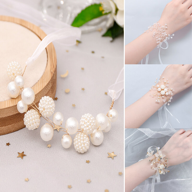 White Lace Wrist Corsage Bridesmaid Pearl Hand Flower Bracelet Artificial Bride Flowers For Wedding Dancing Party Decor Bridal
