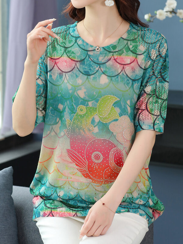 Camiseta de malha oca estampada floral feminina, pulôveres femininos, camiseta solta, Y2K, roupas de verão, 2024