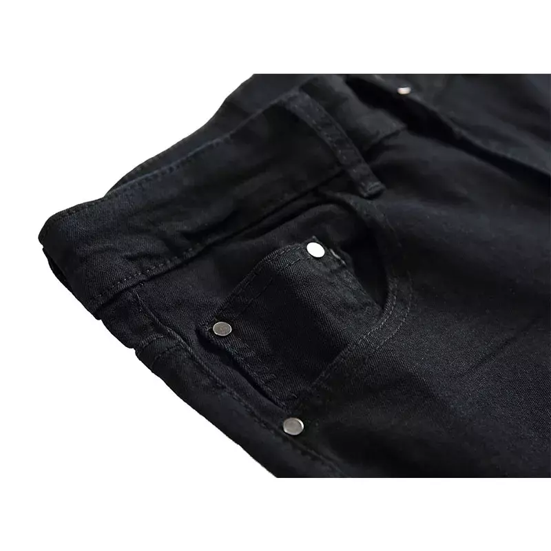Celana panjang Denim lurus untuk pria, celana panjang Denim kasual hitam berlubang lurus, celana Denim elastis ukuran besar untuk pria