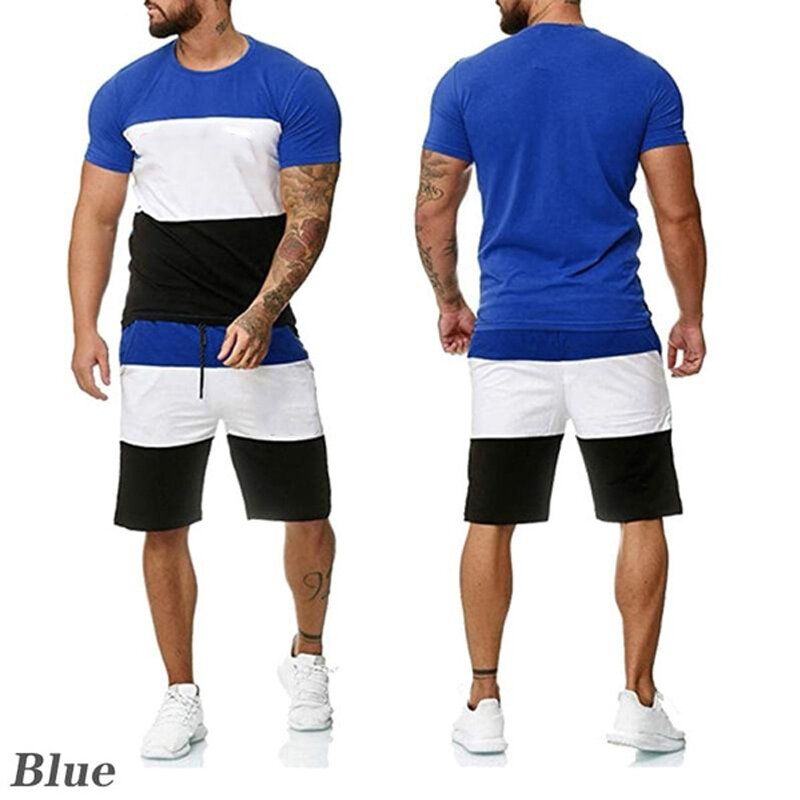 Casual Patchwork Summer Men T-shirt Tracksuit Streetwear Fashion Outfit Short Sleeve Seaside High Street Solid Oversized Set