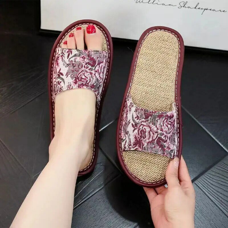 Man's Summer New One Word Leather Casual Linen Slipper Free Shipping Unisex Soft Sole Non Slip Breathable Home Silent Slippers