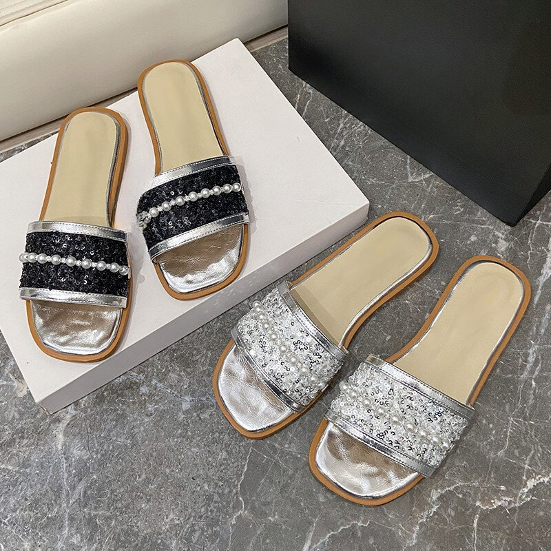 Sandalias de suela plana con lentejuelas para mujer, chanclas de gran tamaño con suela suave, zapatos de verano, 2024