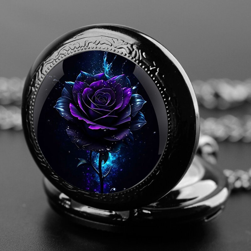 Róża Retro kwarcowy zegarek kieszonkowy, czarny naszyjnik zegarek kieszonkowy dla mężczyzn i zegar damski łańcuszek godziny zegarka biżuteria akcesoria do prezentów