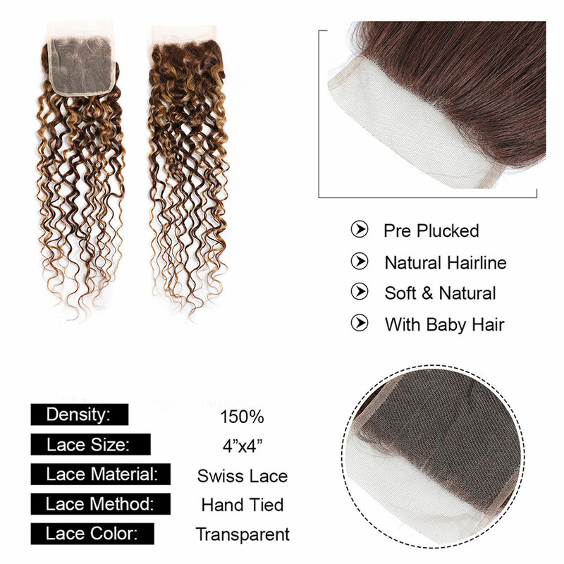 Highlight Water Wave Lace Closure Human Hair P4/27 Gekleurd Ombre Bruin Blond 4X4 Closure 13X4 Oor Tot Oor Lace Frontal