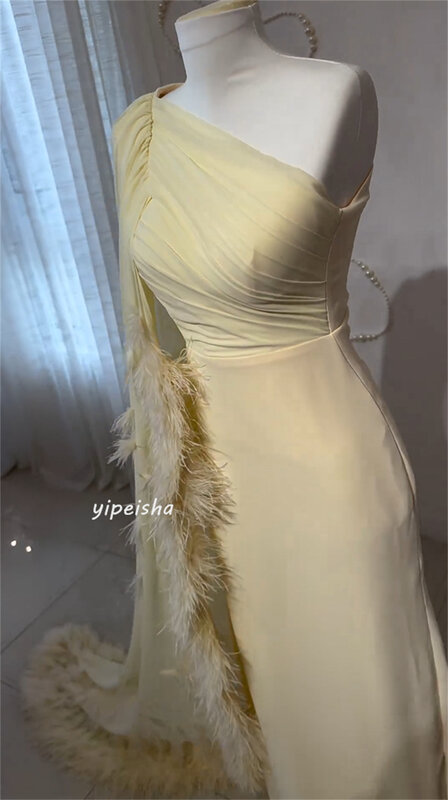 Jersey Feather Ruched Party A-line One-shoulder Bespoke Occasion Gown Midi Dresses